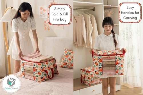 Chaos Cleared Canvas Storage Bags Designer Organizer 2 Pack – Seasonal Storage for Sweaters, Blankets, Linens & Garments – Foldable Design with Zip & Window (Red Floral Print)