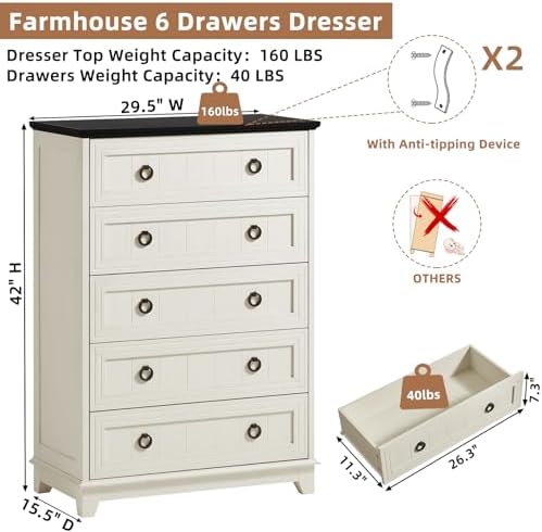 Joaxswe Farmhouse 5 Drawer Dresser for Bedroom, 42" Tall Chest of Drawers | Rustic Wood Dresser with Metal Handle, Storage Organizer Closet for Living Room, Hallway, Entryway, White
