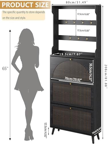 81.8'' Tall Shoe Cabinet with Coat Rack, Narrow Shoe Storage Cabinet with 3 Flip Drawers, 2-in-1 Hall Tree Slim Freestanding Shoe Rack Organizer for Entryway (Black, 3 Drawers- 81.88''H)