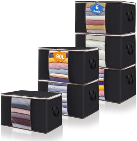 90L Clothes Blanket Storage Bags, 6 Pack Under Bed Storage Bins with Lids, Foldable Closet Organizer with Reinforced Handles for Clothing, Blanket, Comforters, Bed Sheets, Pillows and Toys, Black