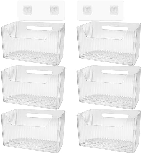 6Pcs Storage Organizer Bins Wall Mounted Organizer Basket Large Size Clear Plastic Makeup Organizer Adhesive Hanging Bin for Bathroom Kitchen Pantry