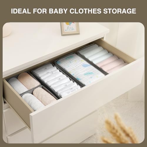 DIMJ Drawer Organizers - Set of 4 Foldable Closet Dividers for Baby Clothes, Socks, Belt, Tie (Black)