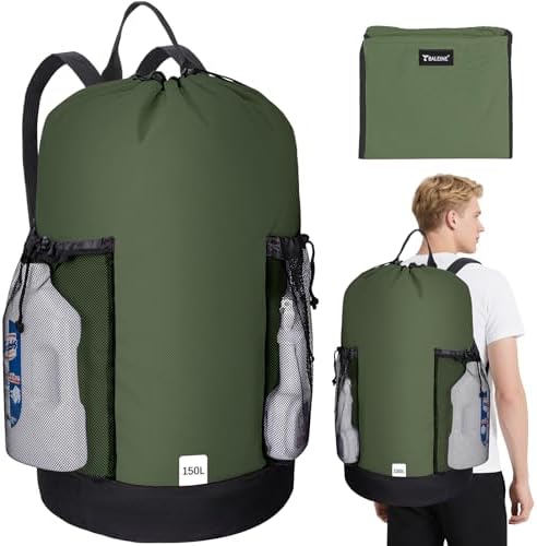 BALEINE 2PK 150L Laundry Bag Backpack, 900D Oxford Fabric Large Travel Laundry Bags with Shoulder Straps and 2 Mesh Pockets for College Dorm, Apartment, Laundromat (Green, 150L)