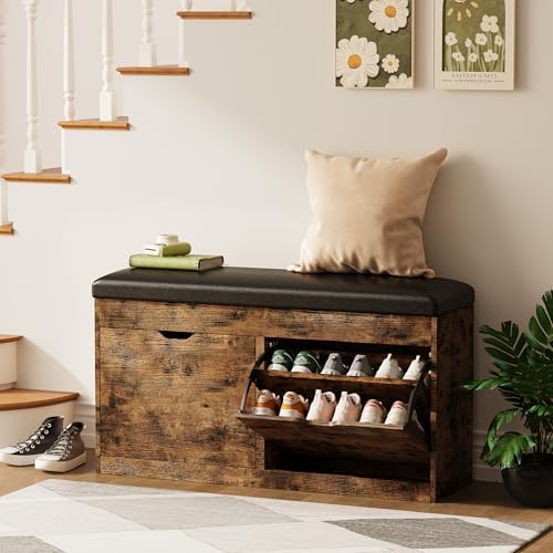 40" Shoe Storage Bench with 2 Flip Drawers & Padded Seat Cushion, Shoe Cabinet with Lift Top Storage Box, Shoe Bench Shoe Organizer for Entryway, Hallway, Living Room, Vintage Brown