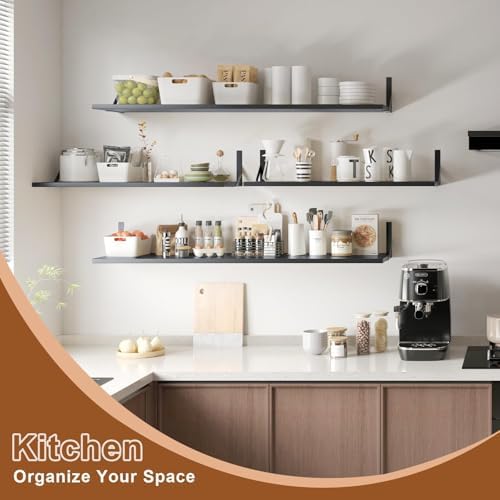 Long Wall Shelves, 48" W x 12" D Large Floating Shelves Set of 2, Wide Display Wood Shelf Wall Mounted with Heavy-Duty Metal Brackets for Bedroom Books, Living Room, Kitchen, Black