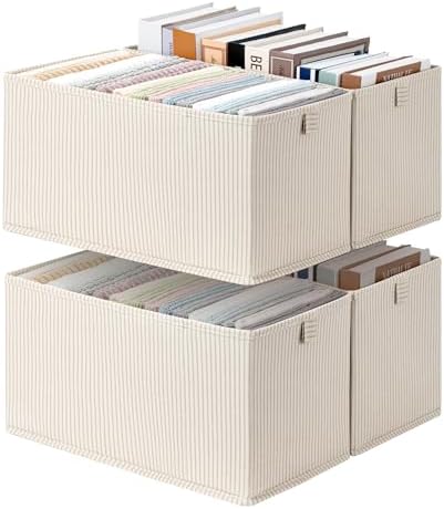 StorageWorks Narrow Storage Bins for Closet Shelves, Khaki Stripe, 4-Pack