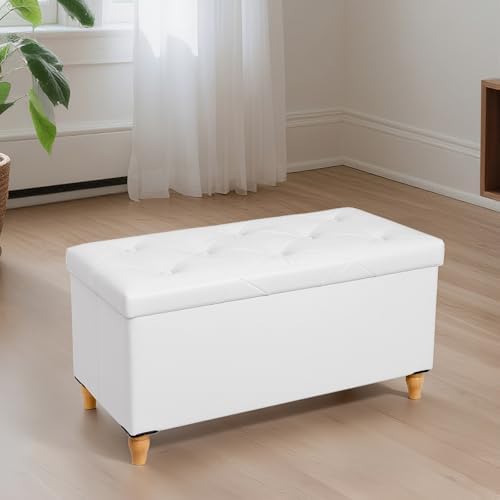 GLAXYFUR 30 Inches Ottoman with Storage, Folding Bench with Legs, White
