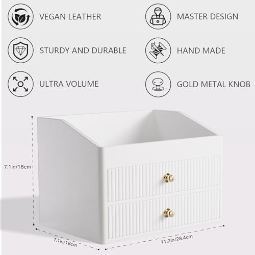LADSTAG Desk Organizer,Beige White Vegan Leather Desk Accessories & Workspace Organizers with 2 Drawers & Tray,Key Holder with Gold-Tone Metal Accents knob，Jewelry Box,Nightstand