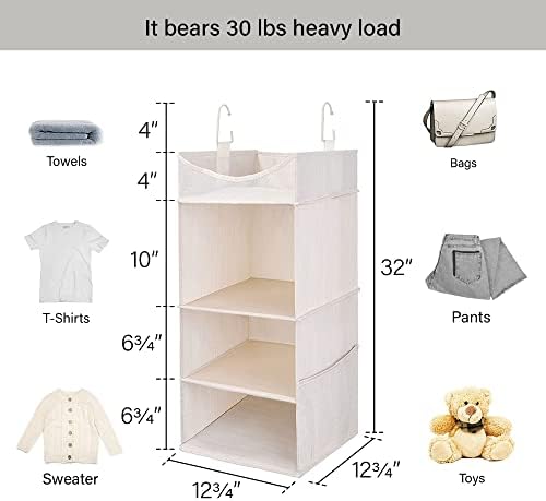 StorageWorks 3-Shelf Hanging Closet Organizer with Half Compartment, Ivory | Add More Storage to Small Closets with 3 Shelves, a Side Pocket and Half Compartment, Ideal for Bedrooms, Dorms and RVs.