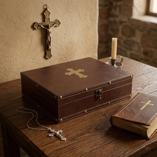DreamsEden Decorative Large Baptism Keepsake Box, Cross Wooden Storage | with Lid and Latch, First Communion Catholic Gift for Boys, Memory Box for Jewelry Photos Paper Letters Cards