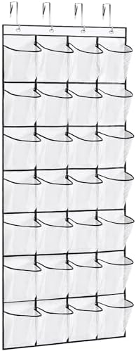 VOPTON 28Large Pockets Over The Door Shoe Organizer, Hanging Shoe Organizer for Closet, Premium Clear Shoe Rack for Door, Shoes Hanger Organizers Storage Holder for Back of Door and 4Metal Hook White
