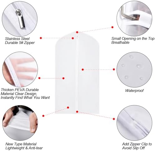 Garment Bag Covers 24''X54'' Lightweight White PEVA Breathable Bags (Pack of 6) with Study Full Zipper for Closet Clothes Storag (24''X55'', White)