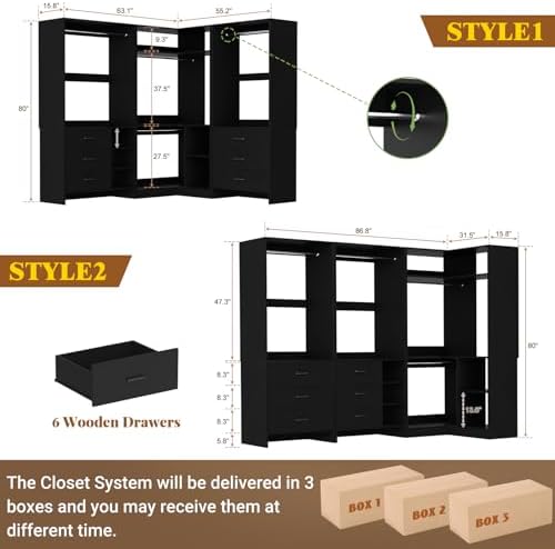 Aheaplus Closet System with 6 Drawers, 4 Hanging Rods & Corner Tower, Corner Closet System with Hanging, 86.8" L-Shaped Walk-In Wardrobe Organizer, 2000+ lbs Capacity, Set of 3, Black