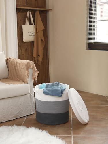 16x18 Inch Extra Large Round Cotton Rope Storage Basket with Lid, Decorative Woven Bin with Cover for Living Room Bedroom Closet, Grey & Dark Grey