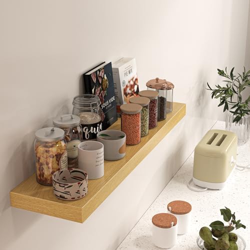 FLYJOE Floating Shelves for Wall, 40" W x 8" D x 1.5" H, Wooden Wall Mounted Display Shelves with Invisible Brackets for Living Room, Bedroom, Bathroom, Kitchen Decor and Storage, Set of 2, Oak