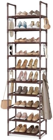 VTRIN 10 Tiers Tall Shoe Rack Holds 20-25 Pairs of Shoes Sturdy Vertical Shoe Organizer with 18pcs Hooks Stackable Narrow Shoe Rack for Closet, Entryway Brown