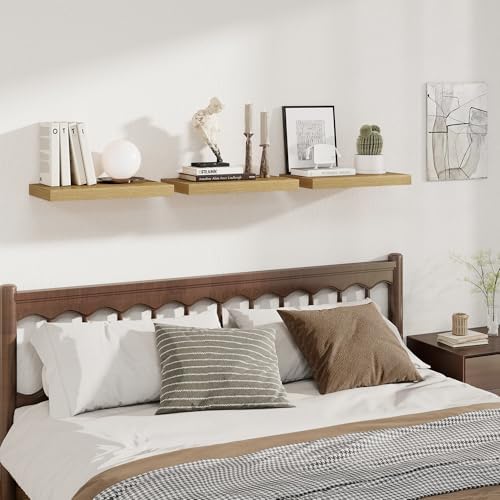 Fun Memories 12 Inch Deep Floating Shelves for Wall, 20 Inch Long Wall Mounted Storage Shelf with Invisible Brackets, 2 Pack Hanging Wood Shelf for Farmhouse, Bedroom, Kitchen, Living Room, Oak