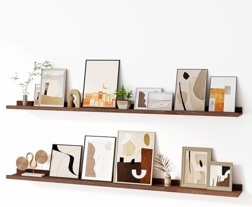 Fun Memories Picture Ledge Shelf, 60 Inch Floating Shelves Set of 2, Large Nursery Book Shelves for Toys Storage, Kids Bookshelf Wall Mounted for Wall Decor Books Photo Frames, Walnut