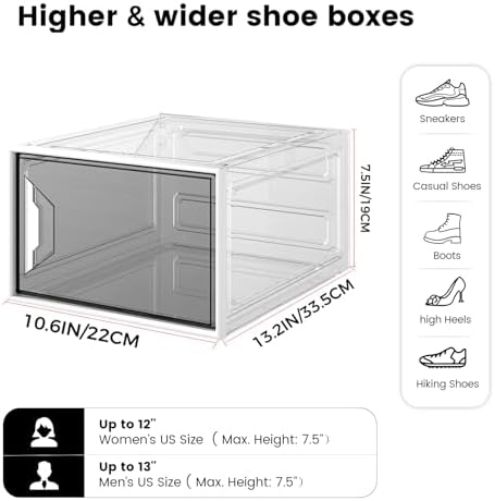 6 Pack Shoe Storage Box Organizer, Clear Thicken Stackable Plastic Shoe Boxes with Magnetic Door, Sturdy Shoe Containers for Sneakers Boots, Easy to Assemble, Fit up to US Size 12(13.2"×10.6"×7.5")