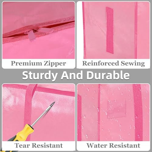 12 Pack-Extra Large Heavy Duty Moving Bags - Waterproof Storage Totes with Handles & Zippers, Foldable for College Dorm, Storage (Pink)