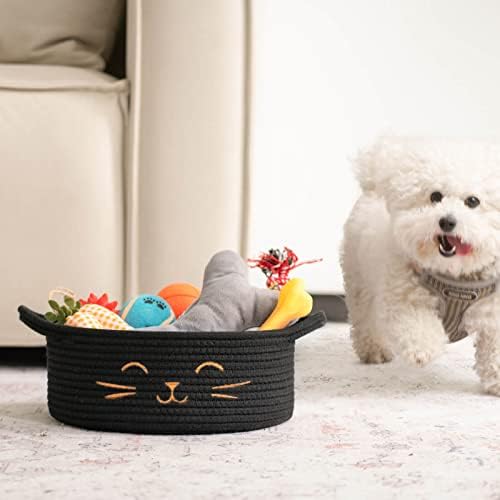 Small Woven Rope Cat Toy Basket with Cat Face Design, Black