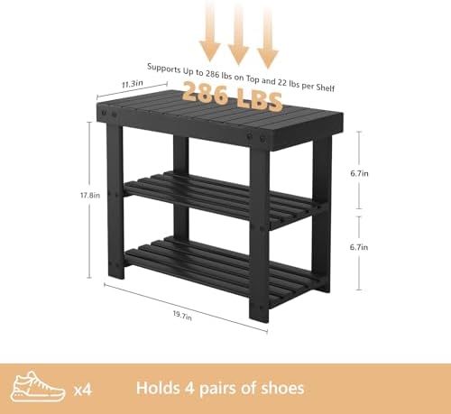 Sweetcrispy 3-Tier Shoe Rack Bench for Entryway, 19 Inches, Black