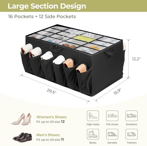 Shoe Organizer for Closet, Shoe Storage Solution with Clear Cover & Adjustable Dividers, Fabric Shoe Box Fits 16 +12 Pairs Shoes, Black, 1-Pack