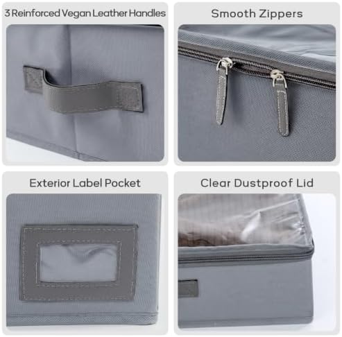 10" High Capacity Under Bed Storage Bins (3-Pack, Charcoal Grey), Deep 600D Heavy Duty Oxford Fabric Organizer Containers with Matching Vegan Leather Handles for Comforters, Pillows & Blankets