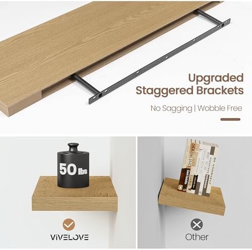 Vivelove Floating Shelves 9 inch Deep 36”Long Set of 2, Oak | Easy Install With Hardware, 1.5" Thick, Invisible Brackets, Wall Mounted, No Sagging, For Any Room