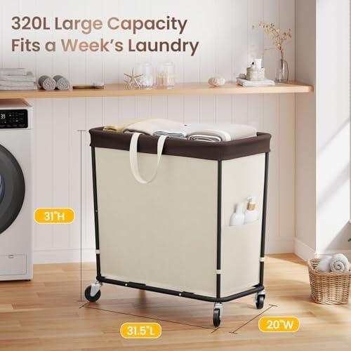 320L Laundry Basket with Wheels, 3-Section Rolling Hamper for Laundry, Extra Large Laundry Hamper with Wheels, Clothes Hamper Rolling Laundry Basket for Home, Bathrooms and Dorm(Beige)