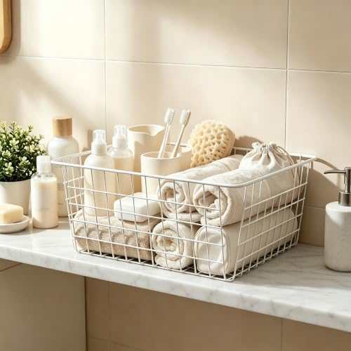 3 Pack Large Wire Baskets, Sturdy White Wire Basket, Metal White Basket for Organizing Kitchen Food, for Pantry Home Office Desk Shelf Bathroom Bedroom (14.2 x 11.1 x 6.3 inch)