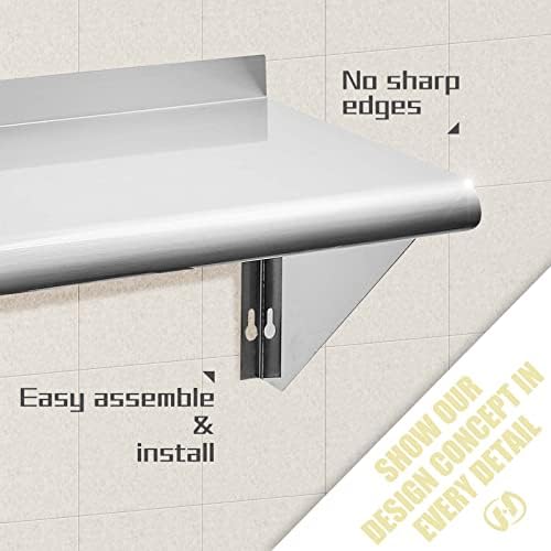 Hally Stainless Steel Shelf 12"x24" NSF Commercial Wall Mount Rack Shelving | 230LB, Metal Wall Shelves, Kitchen Racks & Shelves, Floating Shelving, Heavy Duty, for Restaurant, Kitchen, Home & Hotel