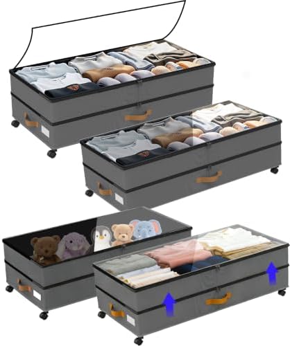 Under Bed Storage with Wheels 2-Pack, 75L XXL Under the Bed Storage Containers Large, 12" Tall Adjustable Storage for Underbed with Lids, Rolling for Clothes, Shoes, Blankets (4PCS-Grey)