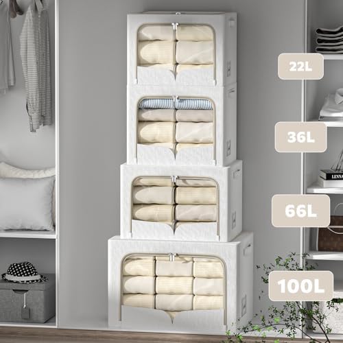 FHSQX 3 Pack Clothes Storage Bins Foldable Metal Frame Storage Box Stackable Linen Fabric Container Organizer Set with Carrying Handles and Clear Window (Cream White, 15.7x11.8x7.8inch(22L))