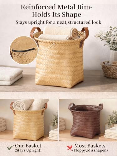 Wicker Storage Baskets, 4 Pack Woven Baskets for Shelves, Yellow