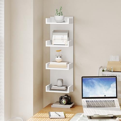 HOOBRO Floating Wall Shelves with LED Lights, Floating Shelf Wall Mounted for Storage, Vertical Display Stand, Modern Column Rack, for Bedroom, Livingroom, 4-Tier, 35.4 Inches, White, WT41DBJ01