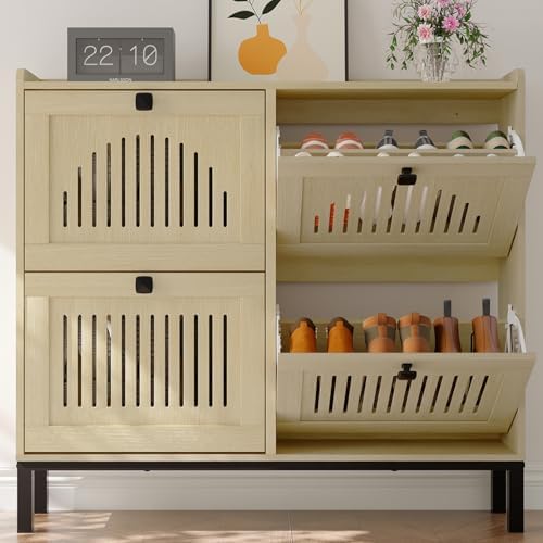 IDEALHOUSE Narrow Shoe Cabinet with 4 Flip Drawers, Natural Oak