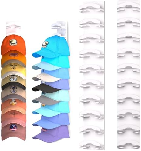 Hat Organizer for Baseball Caps 2Pack, Hat Rack for Wall with Strong Adhesive Hold up to 20 Hats, Hat Hanger Holder Display for Door Closet, Cap Organizer Storage Multilayer Two Mounting Option(White)