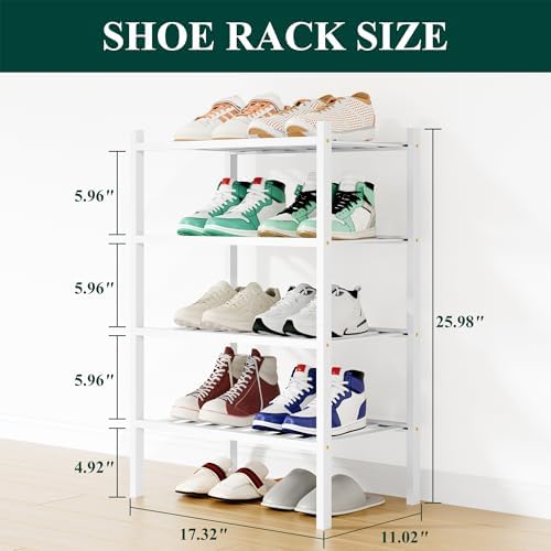 Smiry Bamboo Shoe Rack, 8 Vertical Slats, 4 Tier - 17.3" Wide, White