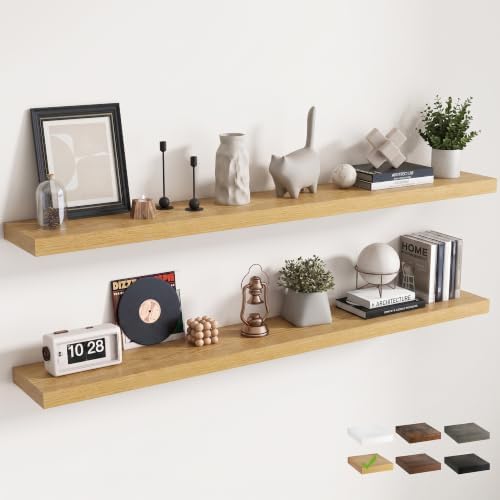 72 Inch Floating Shelves for Wall 2 Pack, 8"D Wood Grain Bathroom Shelves | Invisible Brackets, Oak Finish, Easy Install | Engineered Wood Storage Shelves for Kitchen, Study, Bedroom