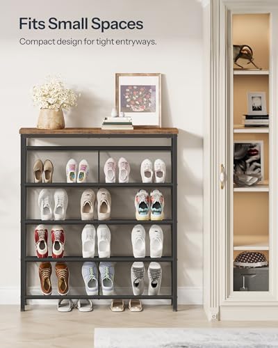 CHOEZON Shoe Rack, 5-Tier Slanted Shoe Storage Shelf, Narrow Shoe Rack for Entryway, Shoe Organizer with Adjustable Feet, Slim Shoe Shelf with Wooden Top and Metal Frame Rustic Brown and Black TXJ02BF
