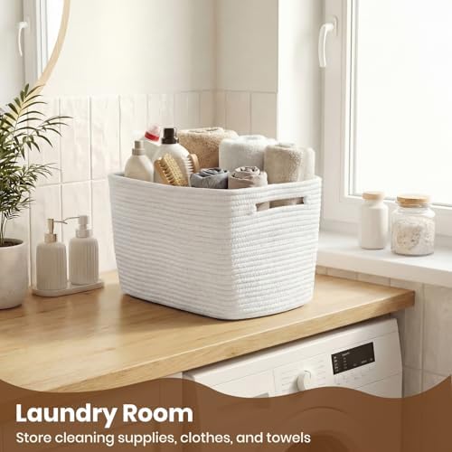 Storage Baskets for Organizing, 14 x 10 x 9” Closet Shelf Woven Baskets, Square Bins with Handles, Cotton Rope Basket for Clothes, Office, Room, White 1 Pack