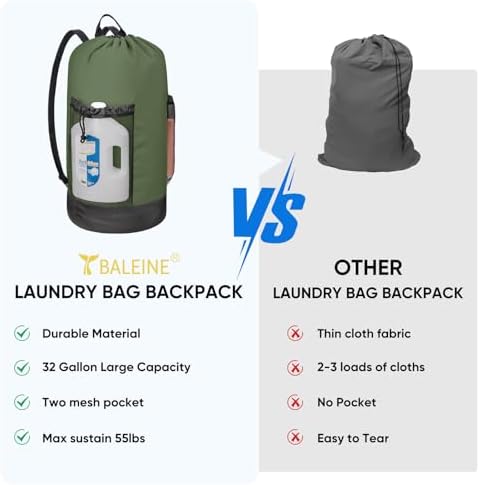 BALEINE 2PK 150L Laundry Bag Backpack, 900D Oxford Fabric Large Travel Laundry Bags with Shoulder Straps and 2 Mesh Pockets for College Dorm, Apartment, Laundromat (Green, 150L)