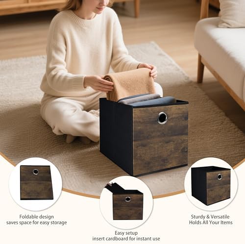 4 Pack Durable Storage Cube Bins with Wood Grain,Thickened Fabric Box,Storage Baskets for Open Shelf,Bookcase,Closet,Storeroom,Bedroom,Living Room,Nursery,Office,Dorm, 10.2x10.2x11in (Small)