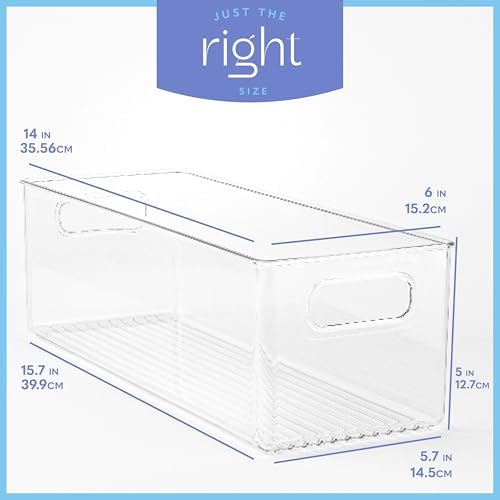 Plastic Food Storage 2 Pack Clear Container Bin with Handles for Organizing Kitchen, Pantry, Fridge, Freezer, Pantry, Bathroom. 14"x6"5"