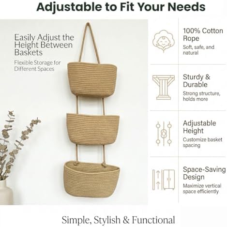 3-Tier Over the Door Hanging Basket, Cotton Rope Woven Decorative Hanging Storage, Large Wall Basket for Nursery Bedroom, Foldable Height Adjustable Organizer, Jute Color
