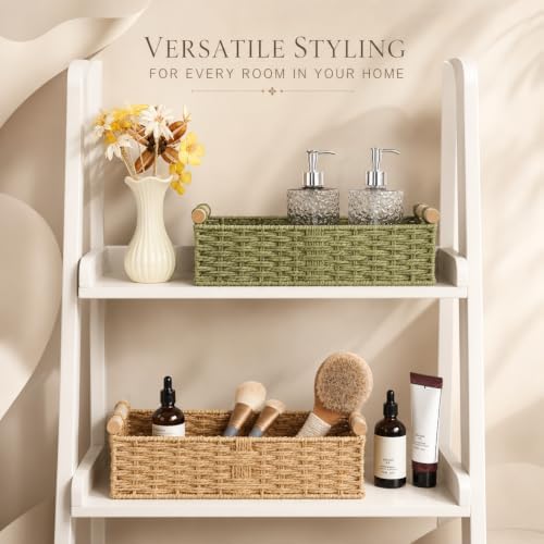 Woven Paper Rope Toilet Paper Basket with Wooden Handles - Rectangular Basket Organizer for Bathroom, Storage Basket for Towels, Diffuser (Beige, 2PACK-13.8" L x 5.7" W x 3.9" H)