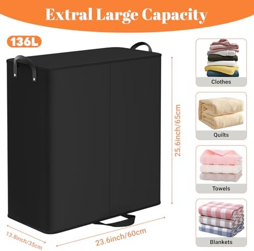 136L 2 Section Laundry Hamper with Lid, Laundry Basket, Black