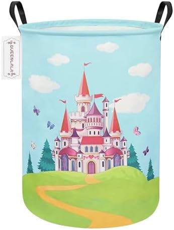 Foldable Waterproof Round Fabric Laundry Basket Home, Forest Castle | Large Capacity, For Apparel Textiles, Plush Goods Storage, Whole House Tidying