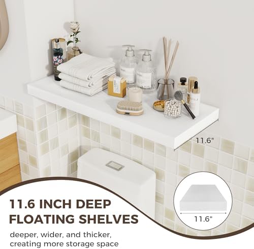 Fun Memories 12 Deep Floating Shelves for Wall | 30W x 12D Large Floating Shelves | 3 Pack Storage Space Wall Mount Shelf for Living Room Bathroom Toilet Laundry Room Kitchen Home Office - White